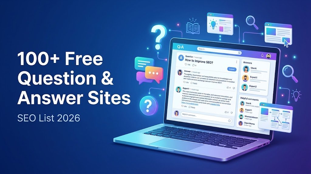 Illustration of using Q&A sites for SEO in 2026 with answer thread, upvote arrow, link icon, and traffic growth graph