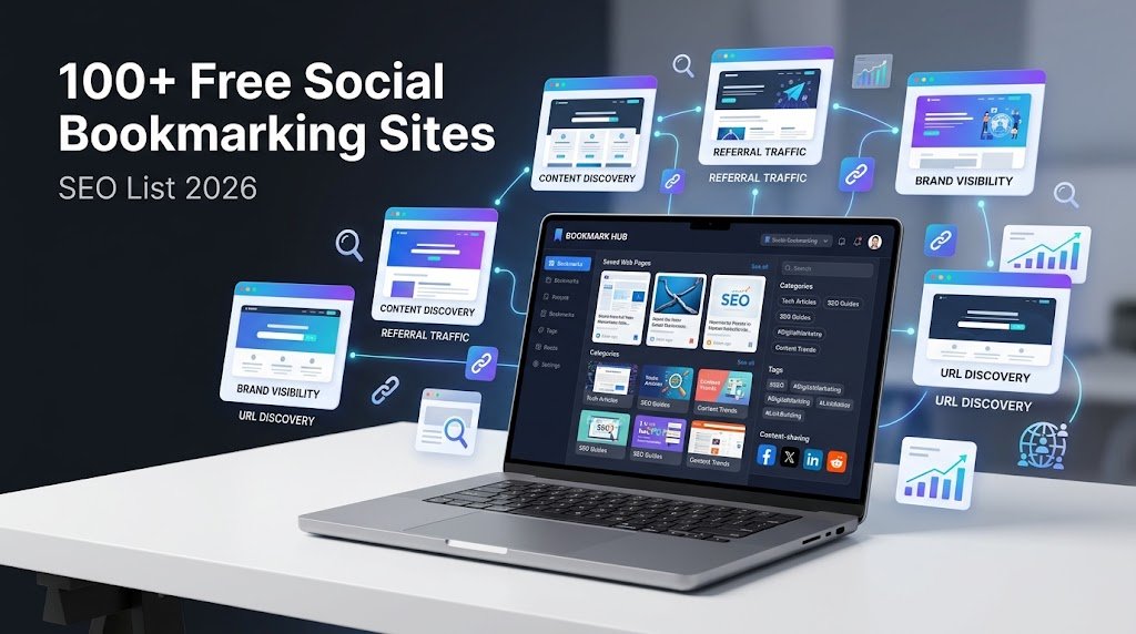 Illustration of 100+ free social bookmarking sites with list, free tag, bookmark star, backlink icon, and traffic graph