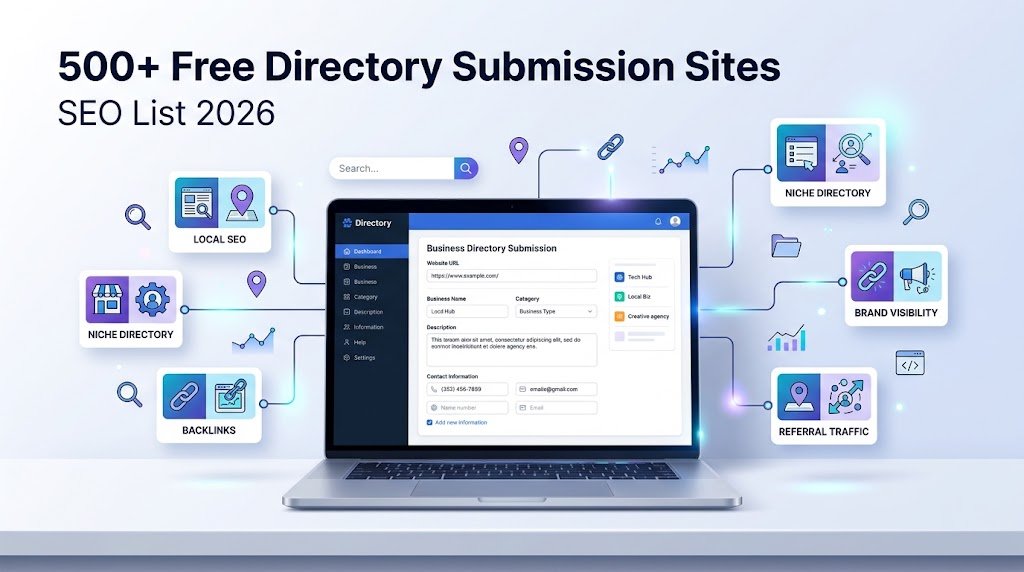 Illustration of directory submission sites with directory list, category folders, submit button, and backlink icon